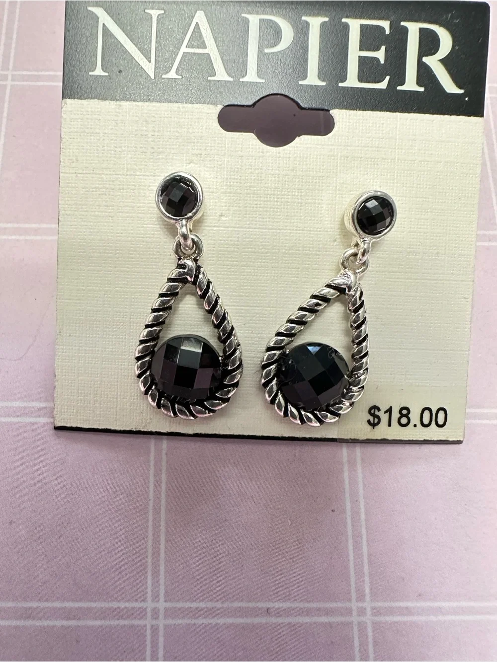 Napier Silver-Tone Black Faceted Teardrop Dangle Earrings